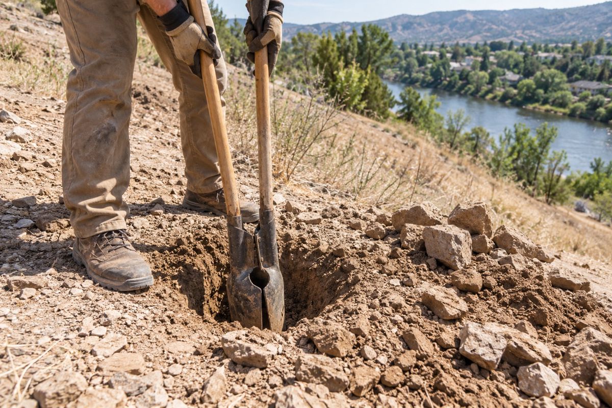 Post hole dug into hard rocky clay soil on a slope