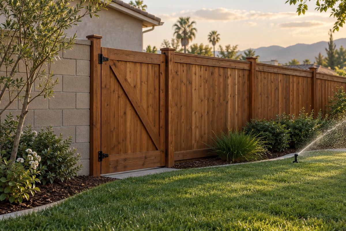 Stained wood fence beside a block wall with sprinklers aimed away