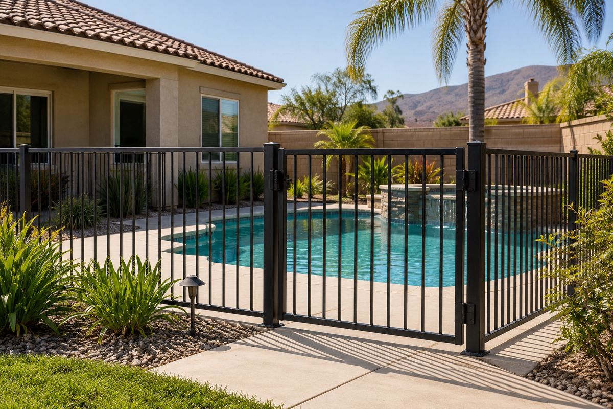 Black aluminum pool fence with a gate around a backyard pool