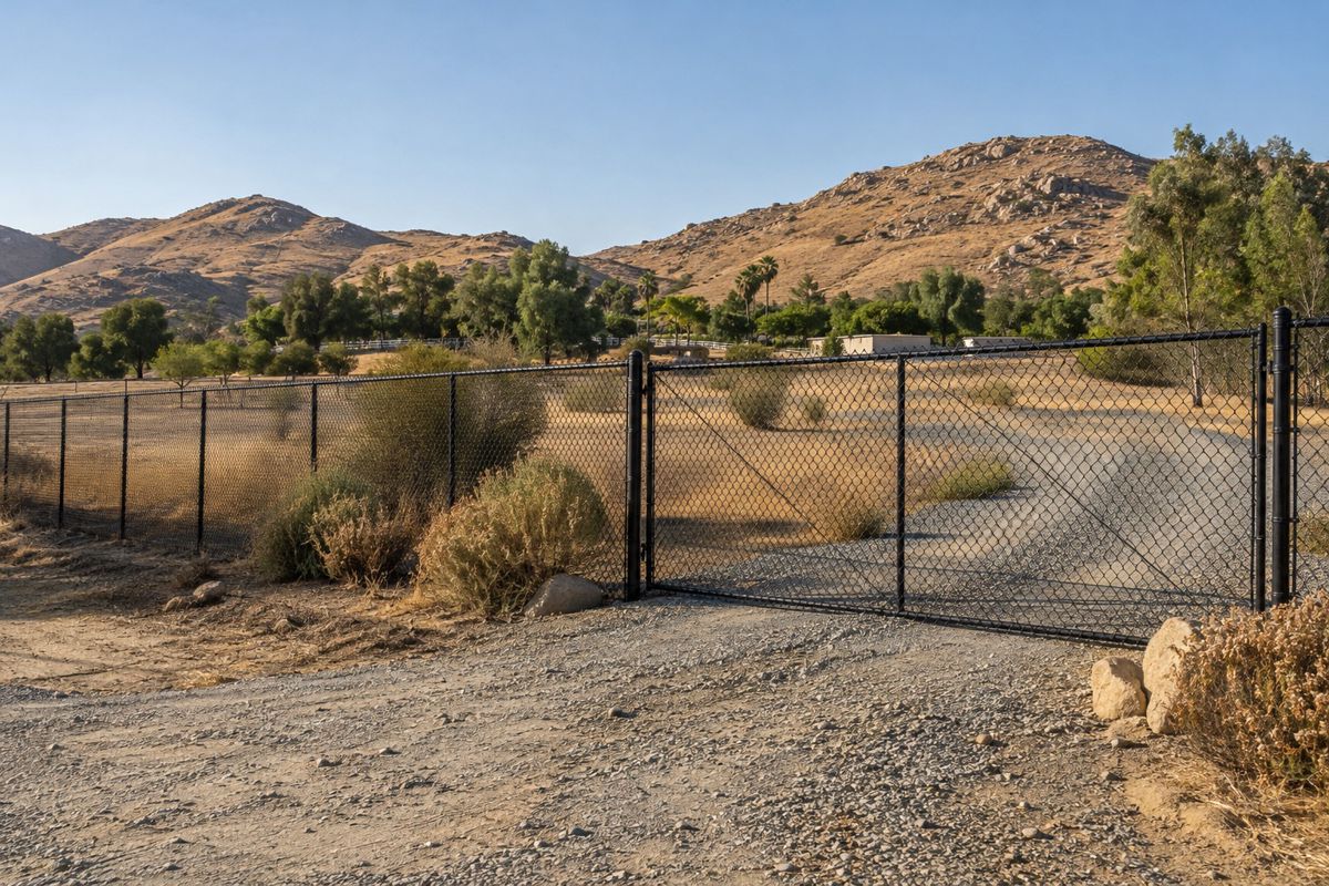 Black chain link fence around a large dry lot with hills behind