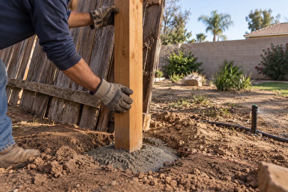 Gloved hands setting a new fence post beside a leaning old fence
