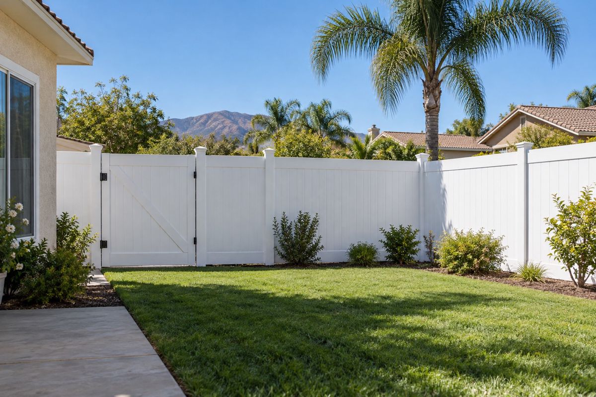 White vinyl privacy fence and gate in a sunny suburban yard