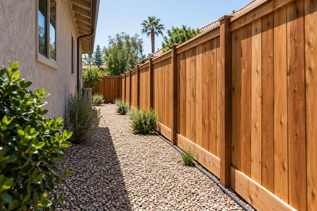 New cedar privacy fence beside a stucco house with dry landscaping